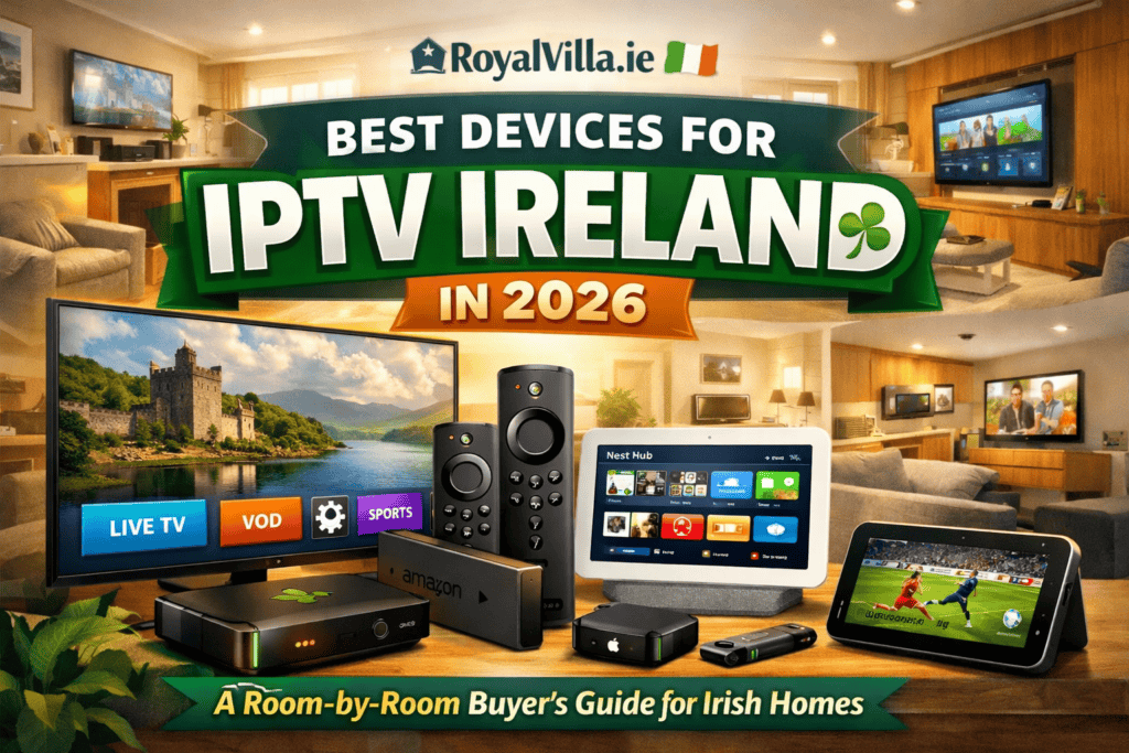 Best devices for IPTV Ireland 2026 showing Firestick Smart TV phone and tablet setup in Irish home by RoyalVilla.ie