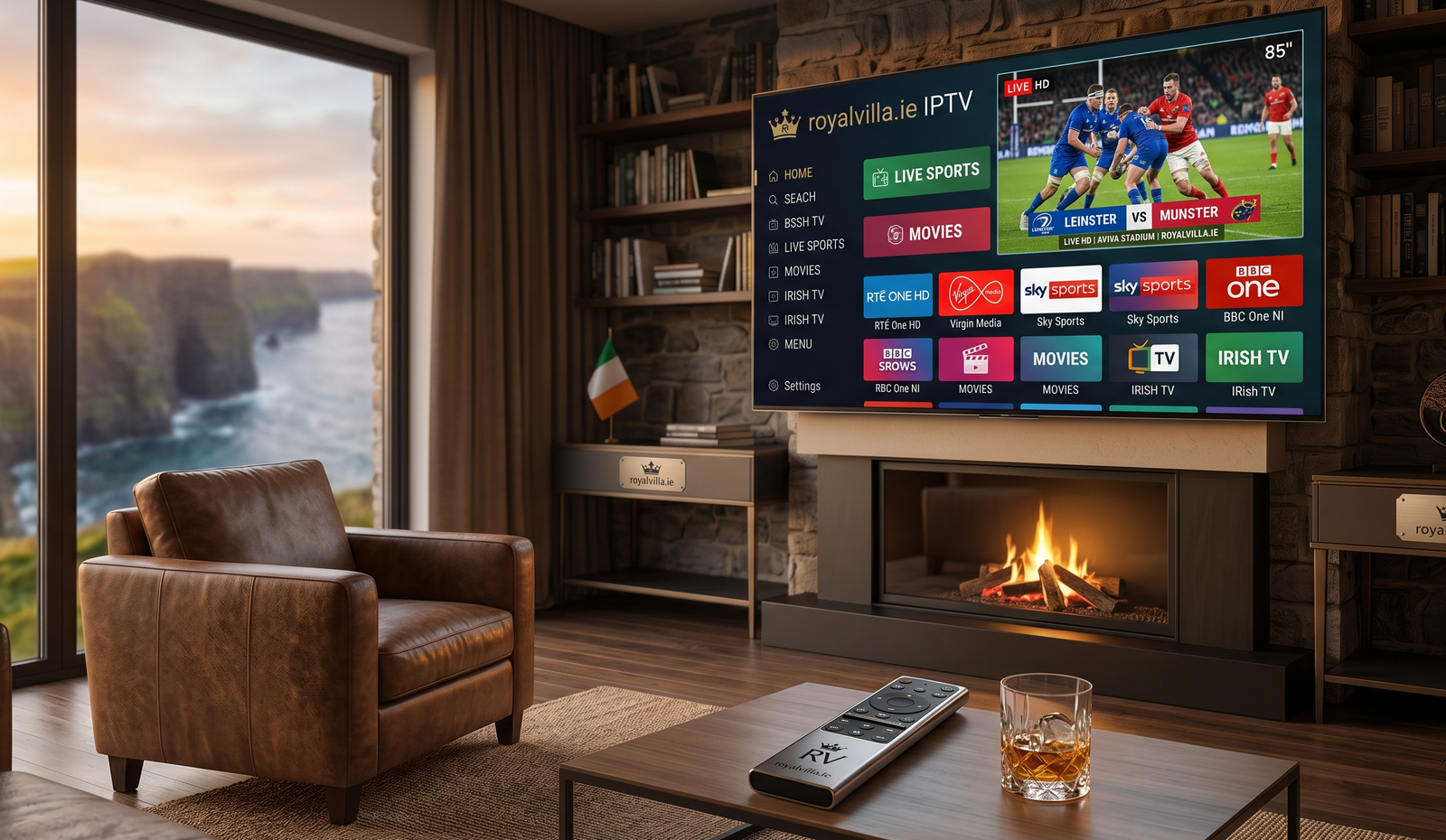 RoyalVilla.ie IPTV Ireland interface showing live sports, Irish TV channels, movies, and premium content on a smart TV in a cosy Irish living room