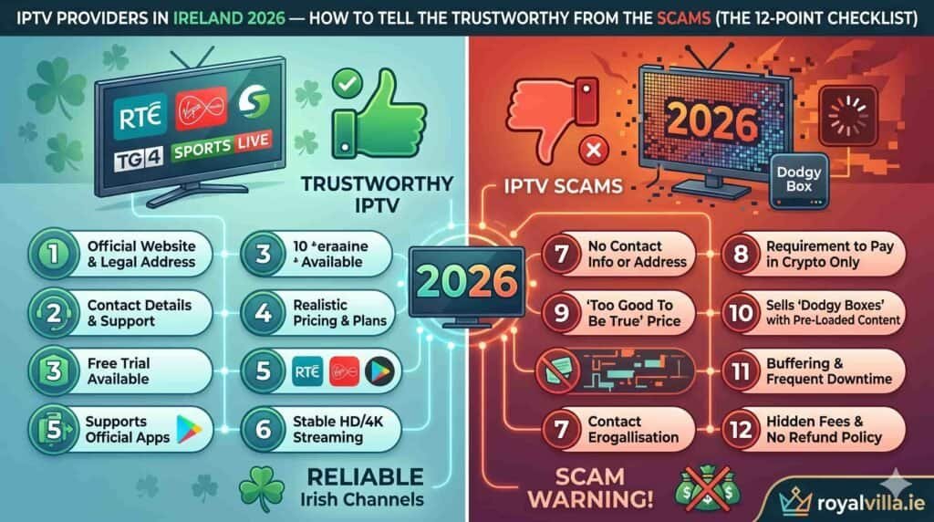How to choose trustworthy IPTV providers in Ireland 2026 avoiding scams checklist by RoyalVilla.ie