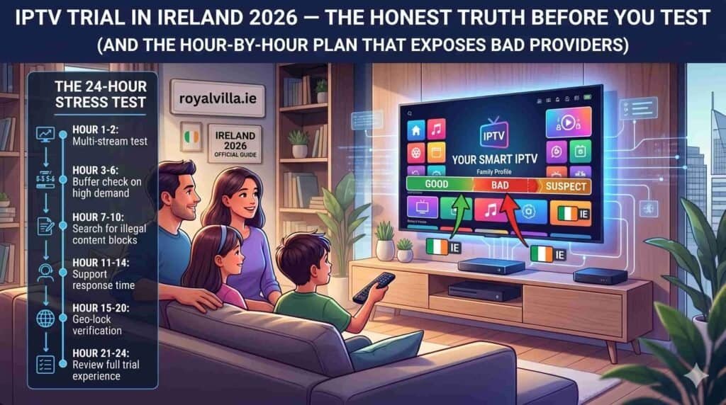 IPTV trial testing guide Ireland 2026 hour by hour plan on Firestick and Smart TV by RoyalVilla.ie