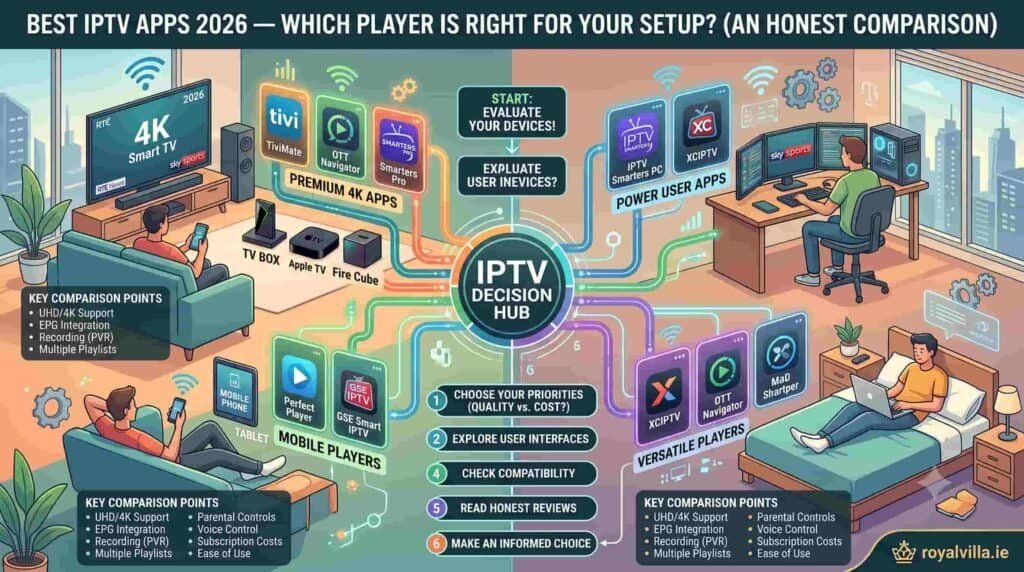 Best IPTV apps 2026 comparison TiviMate IPTV Smarters Pro XCIPTV on Firestick and Smart TV by RoyalVilla.ie