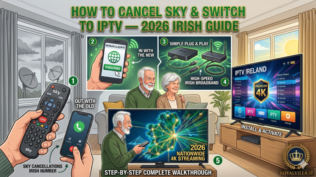 Cancel Sky Ireland and switch to IPTV Ireland 2026 step by step guide by RoyalVilla.ie