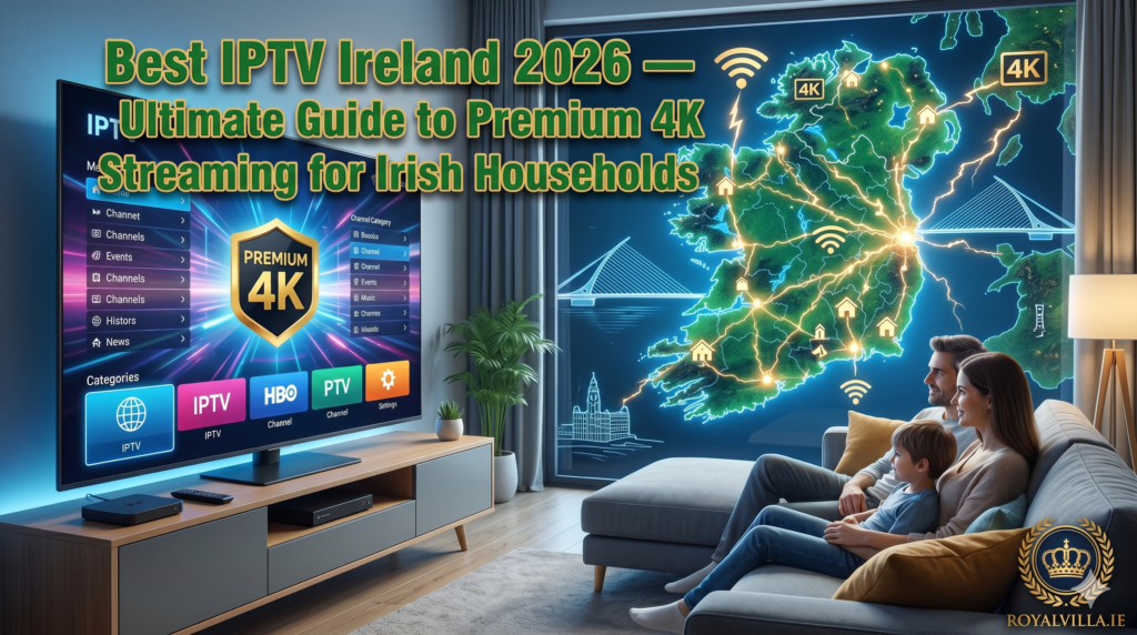 Best IPTV Ireland 2026 streaming service showing live sports channels and movies on smart TV by RoyalVilla.ie