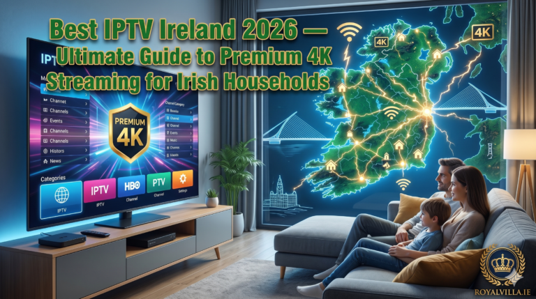 Best IPTV Ireland 2026 streaming service showing live sports channels and movies on smart TV by RoyalVilla.ie