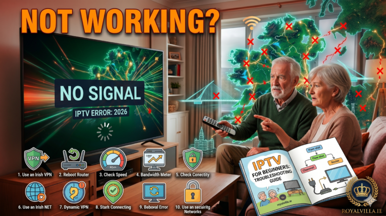 IPTV Ireland buffering fix guide 2026 showing troubleshooting steps on Firestick and Smart TV by RoyalVilla.ie